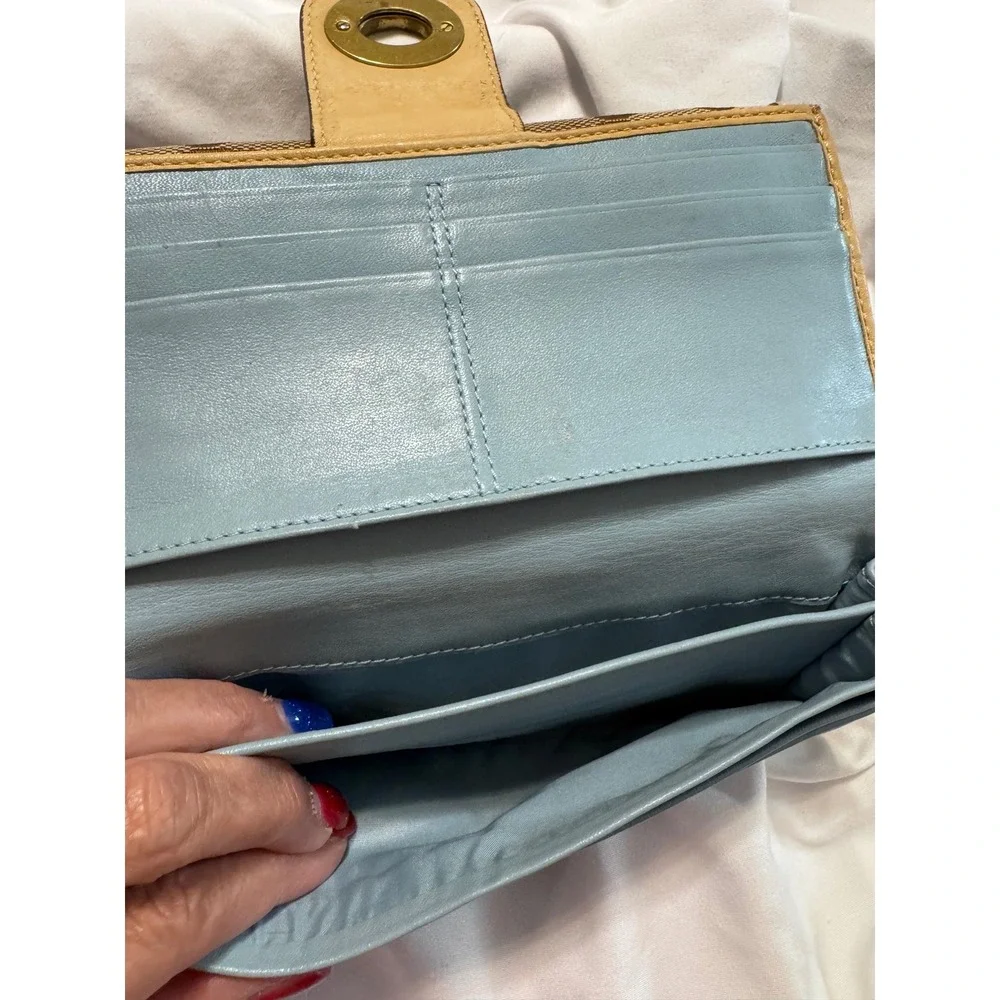 Coach Signature C Jacquard Turnlock Trifold Wallet Brown Tan Light Blue Interior